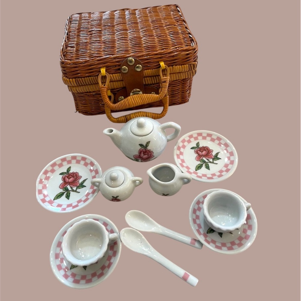 Delton Pink Rose Porcelain Child’s Tea Set for Two in a Wicker Basket